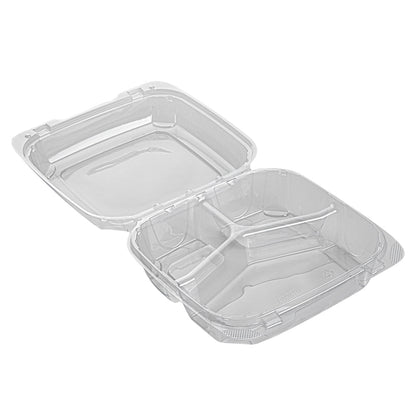 Thermo Tek 34 oz Square Clear Plastic Clamshell Container - 3-Compartment, Anti-Fog - 7 3/4" x 7 3/4" x 2 1/2" - 100 count box