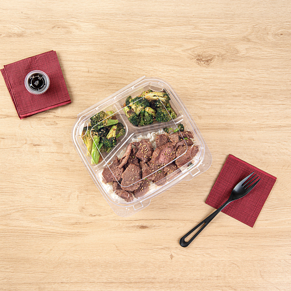 Thermo Tek 34 oz Square Clear Plastic Clamshell Container - 3-Compartment, Anti-Fog - 7 3/4" x 7 3/4" x 2 1/2" - 100 count box