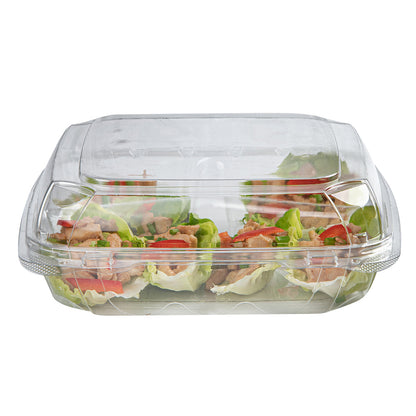 Thermo Tek 41 oz Rectangle Clear Plastic Clamshell Container - 3-Compartment, Anti-Fog - 9" x 8 1/4" x 2 1/2" - 100 count box