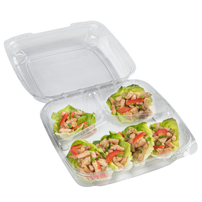Thermo Tek 41 oz Rectangle Clear Plastic Clamshell Container - 3-Compartment, Anti-Fog - 9" x 8 1/4" x 2 1/2" - 100 count box