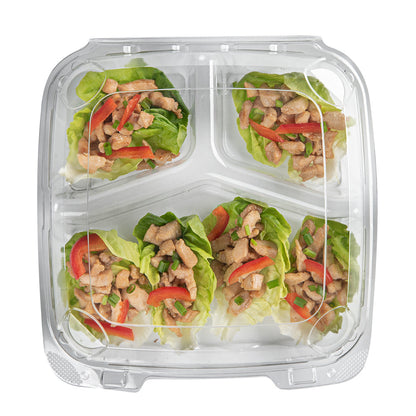 Thermo Tek 41 oz Rectangle Clear Plastic Clamshell Container - 3-Compartment, Anti-Fog - 9" x 8 1/4" x 2 1/2" - 100 count box