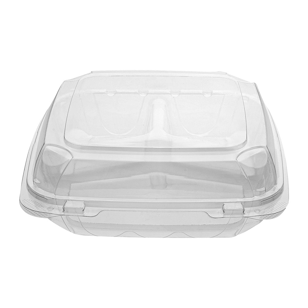 Thermo Tek 41 oz Rectangle Clear Plastic Clamshell Container - 3-Compartment, Anti-Fog - 9" x 8 1/4" x 2 1/2" - 100 count box
