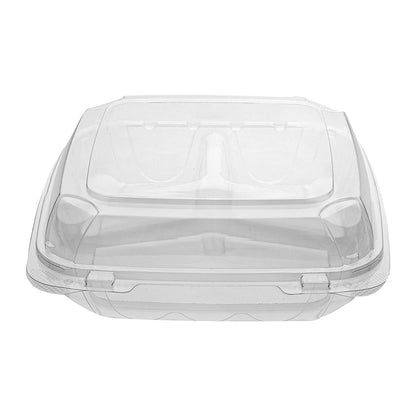 Thermo Tek 41 oz Rectangle Clear Plastic Clamshell Container - 3-Compartment, Anti-Fog - 9" x 8 1/4" x 2 1/2" - 100 count box