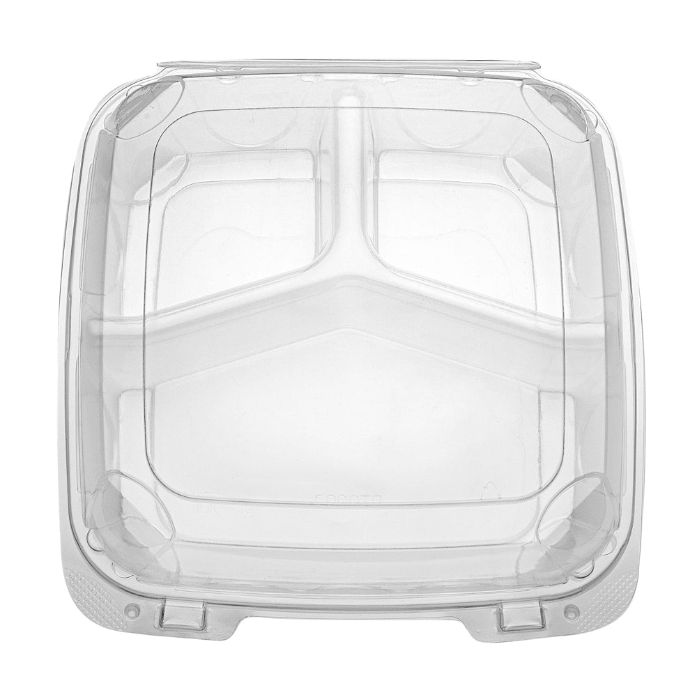 Thermo Tek 41 oz Rectangle Clear Plastic Clamshell Container - 3-Compartment, Anti-Fog - 9" x 8 1/4" x 2 1/2" - 100 count box