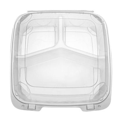 Thermo Tek 41 oz Rectangle Clear Plastic Clamshell Container - 3-Compartment, Anti-Fog - 9" x 8 1/4" x 2 1/2" - 100 count box