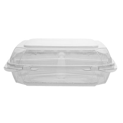 Thermo Tek 41 oz Rectangle Clear Plastic Clamshell Container - 3-Compartment, Anti-Fog - 9" x 8 1/4" x 2 1/2" - 100 count box