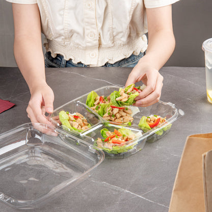 Thermo Tek 41 oz Rectangle Clear Plastic Clamshell Container - 3-Compartment, Anti-Fog - 9" x 8 1/4" x 2 1/2" - 100 count box