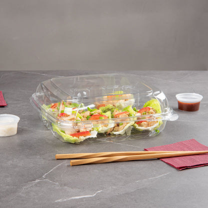 Thermo Tek 41 oz Rectangle Clear Plastic Clamshell Container - 3-Compartment, Anti-Fog - 9" x 8 1/4" x 2 1/2" - 100 count box