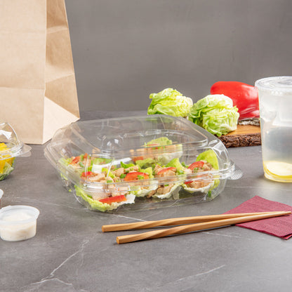 Thermo Tek 41 oz Rectangle Clear Plastic Clamshell Container - 3-Compartment, Anti-Fog - 9" x 8 1/4" x 2 1/2" - 100 count box