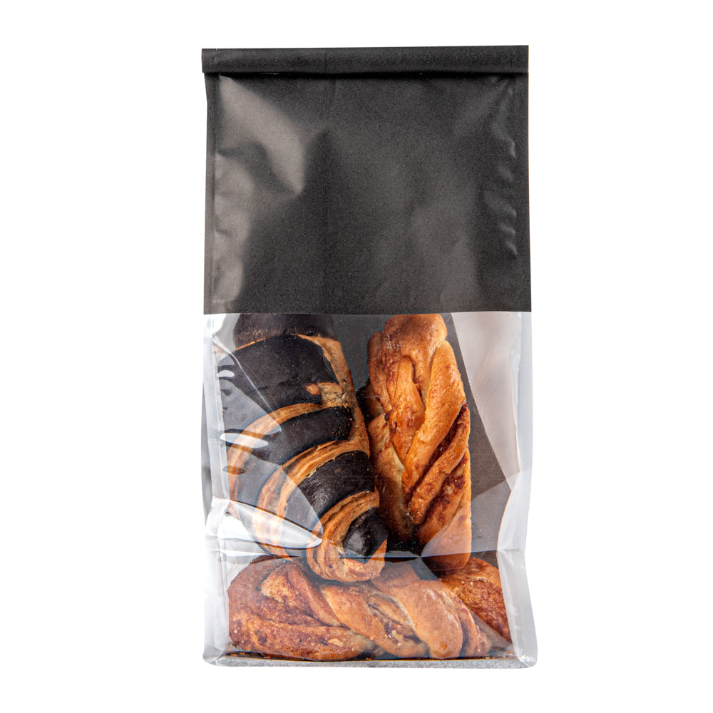 Bag Tek Black Cotton Paper Tin Tie Bag - with Clear Window - 5" x 4" x 11 1/4" - 100 count box
