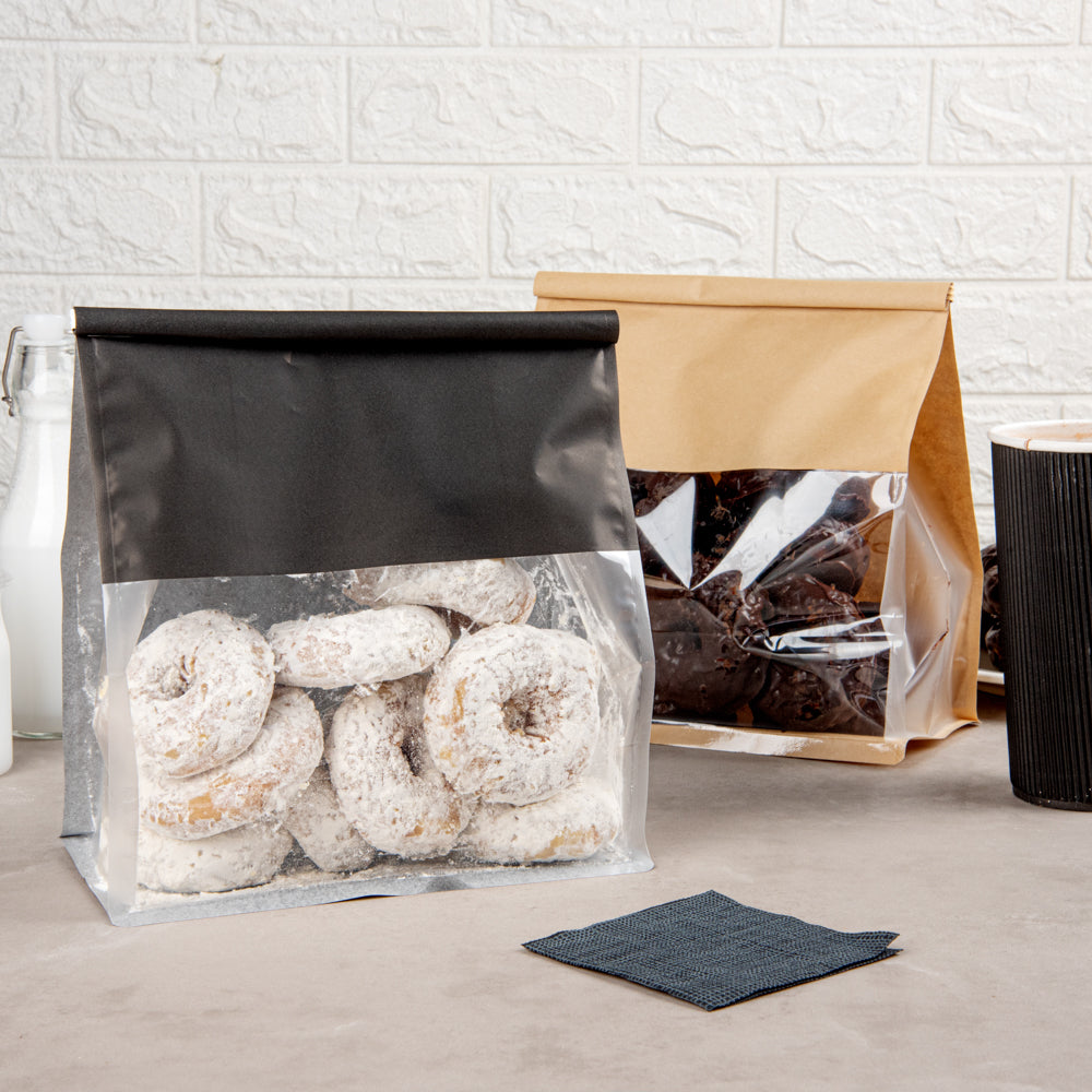 Bag Tek Black Cotton Paper Tin Tie Bag - with Clear Window - 8 3/4" x 4 1/2" x 10 3/4" - 100 count box
