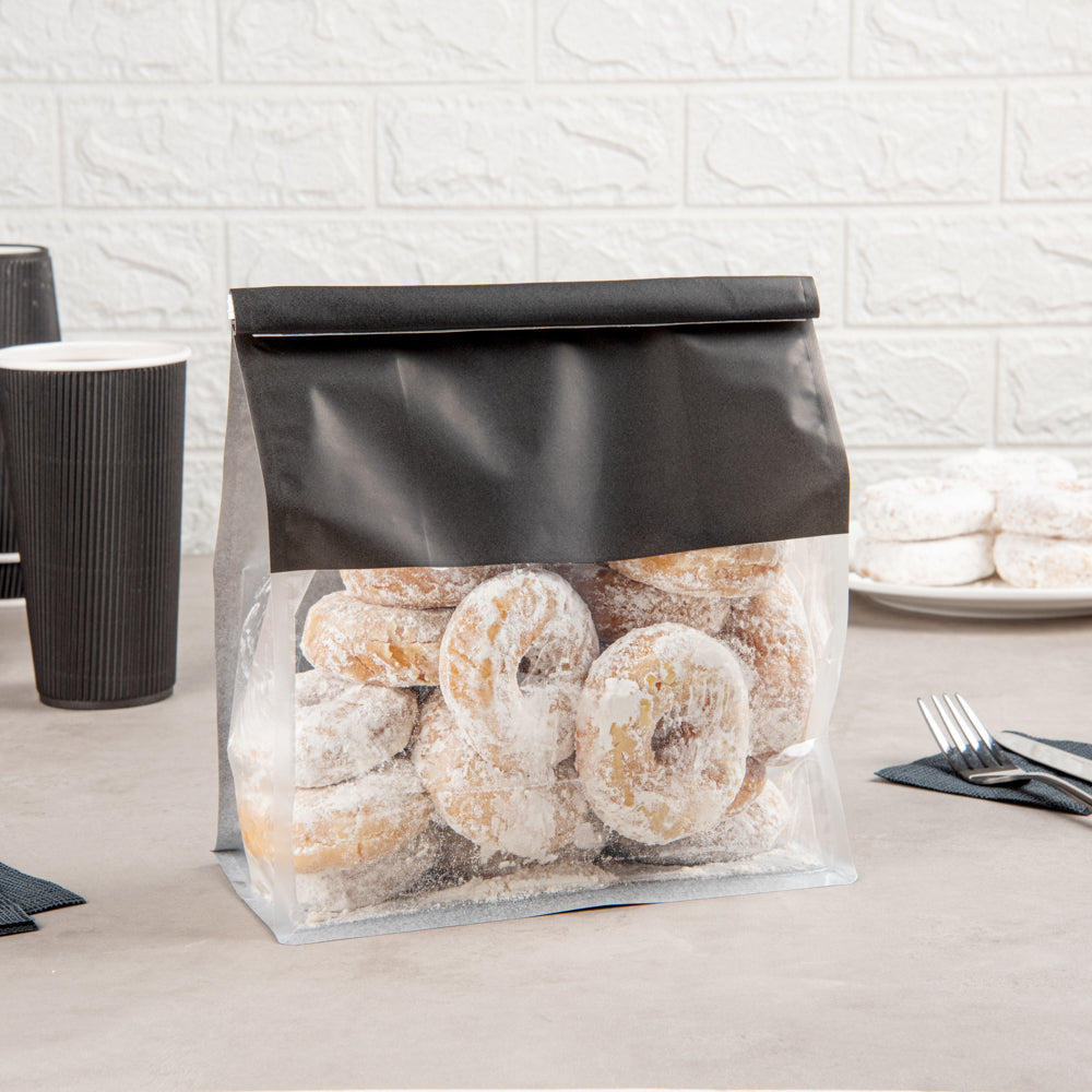 Bag Tek Black Cotton Paper Tin Tie Bag - with Clear Window - 8 3/4" x 4 1/2" x 10 3/4" - 100 count box