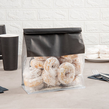 Bag Tek Black Cotton Paper Tin Tie Bag - with Clear Window - 8 3/4" x 4 1/2" x 10 3/4" - 100 count box