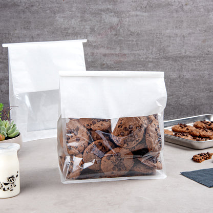 Bag Tek White Cotton Paper Tin Tie Bag - with Clear Window - 8 3/4" x 4 1/2" x 10 3/4" - 100 count box