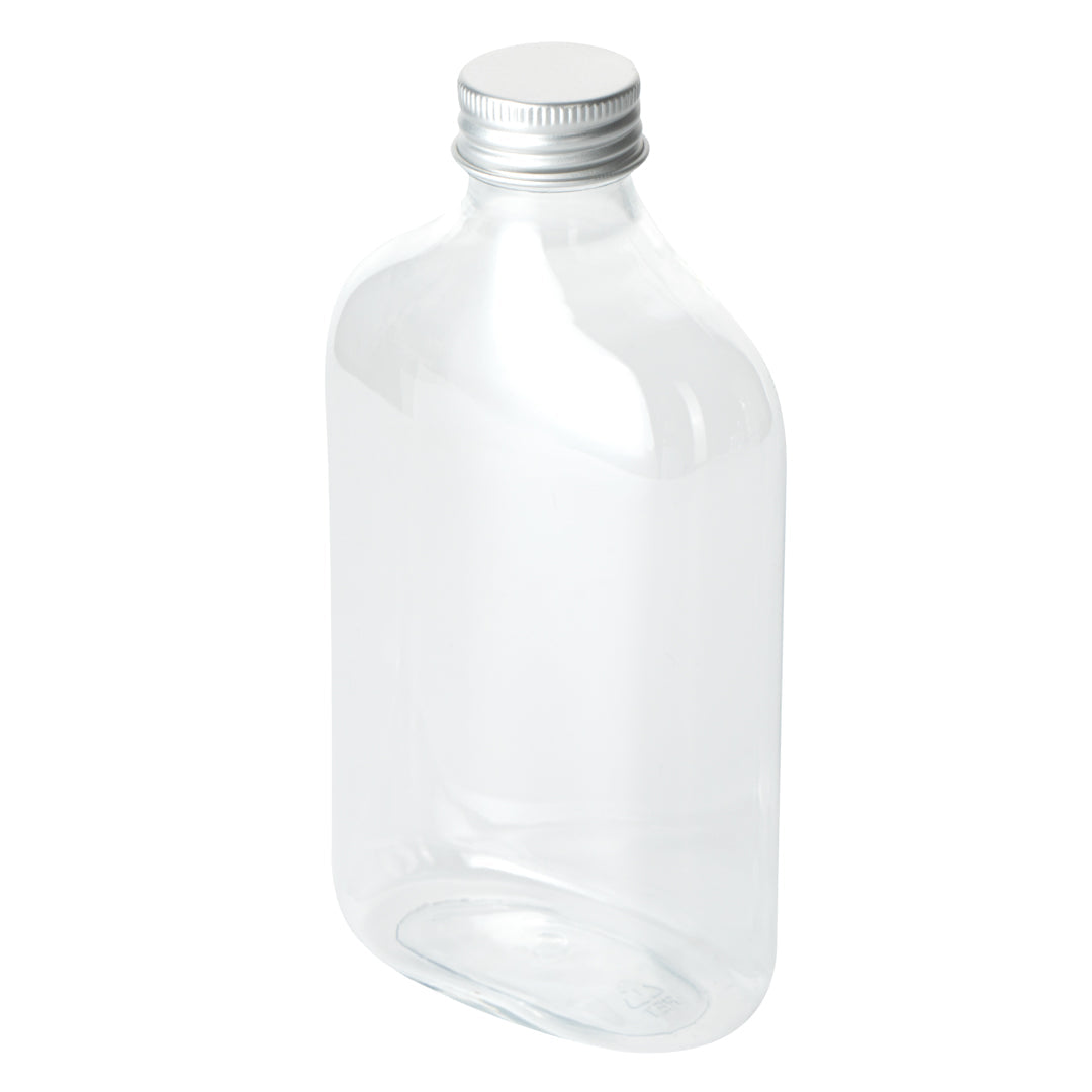 Bottle Tek 10 oz Clear Plastic Flask Container - with Aluminum Lid - 3 1/4" x 1 3/4" x 6 1/4" - 100 count box