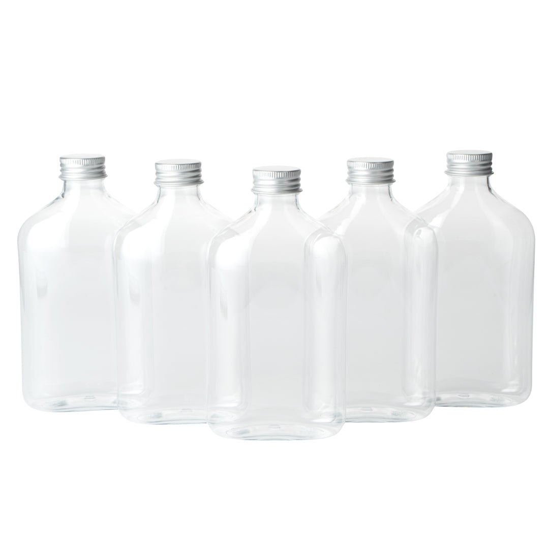 Bottle Tek 10 oz Clear Plastic Flask Container - with Aluminum Lid - 3 1/4" x 1 3/4" x 6 1/4" - 100 count box