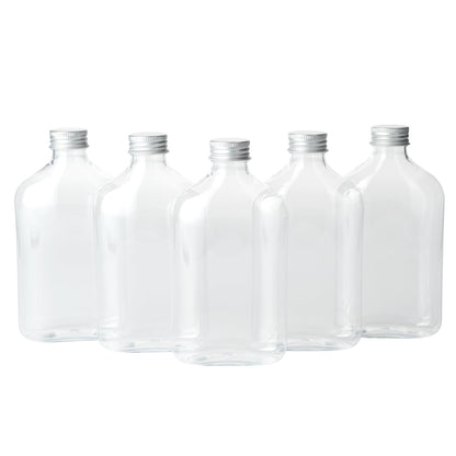 Bottle Tek 10 oz Clear Plastic Flask Container - with Aluminum Lid - 3 1/4" x 1 3/4" x 6 1/4" - 100 count box