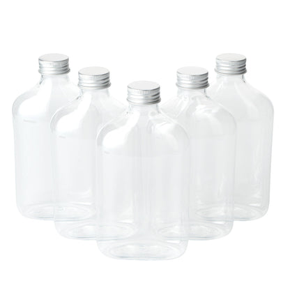 Bottle Tek 10 oz Clear Plastic Flask Container - with Aluminum Lid - 3 1/4" x 1 3/4" x 6 1/4" - 100 count box