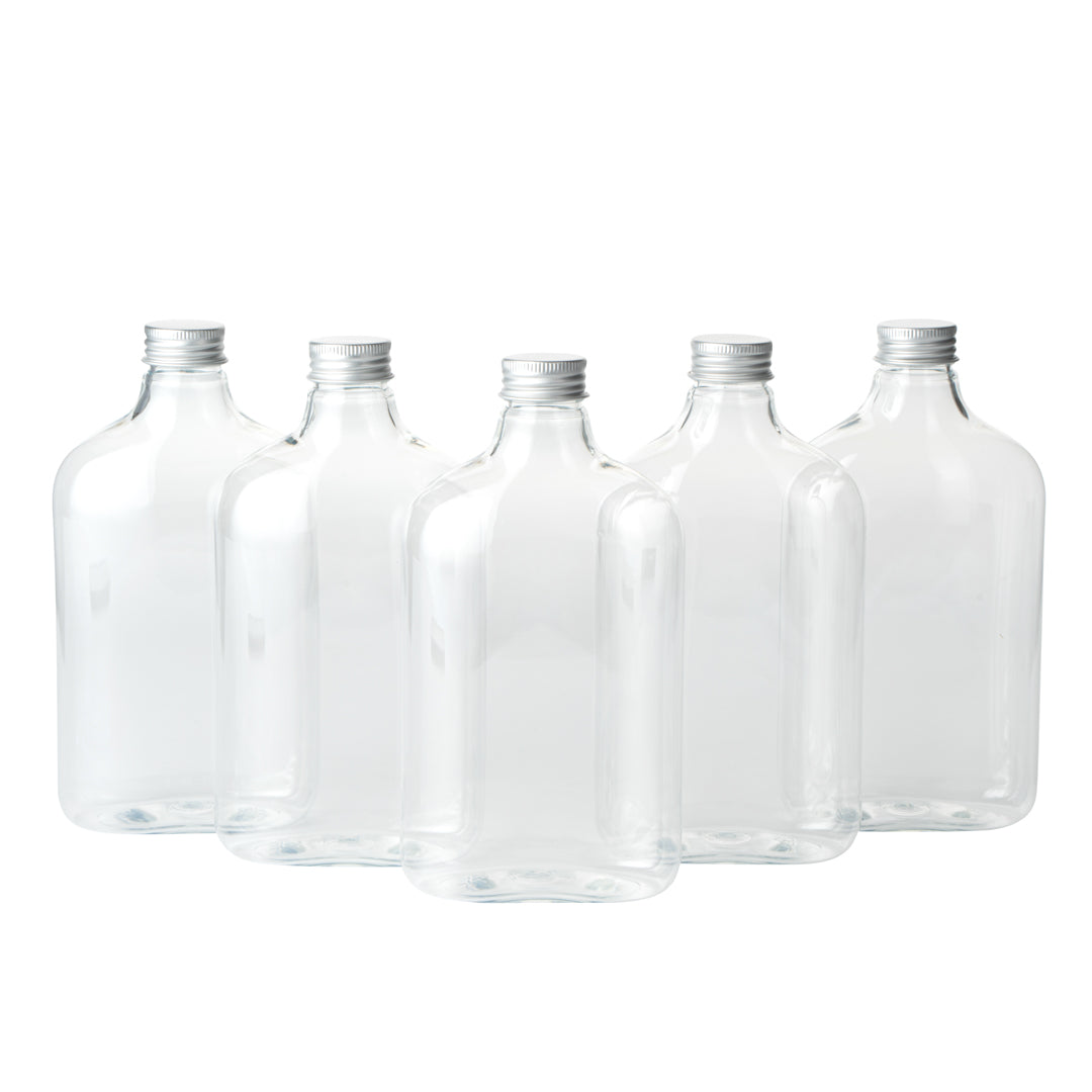 Bottle Tek 17 oz Clear Plastic Flask Container - with Aluminum Lid - 3 3/4" x 2" x 7" - 100 count box