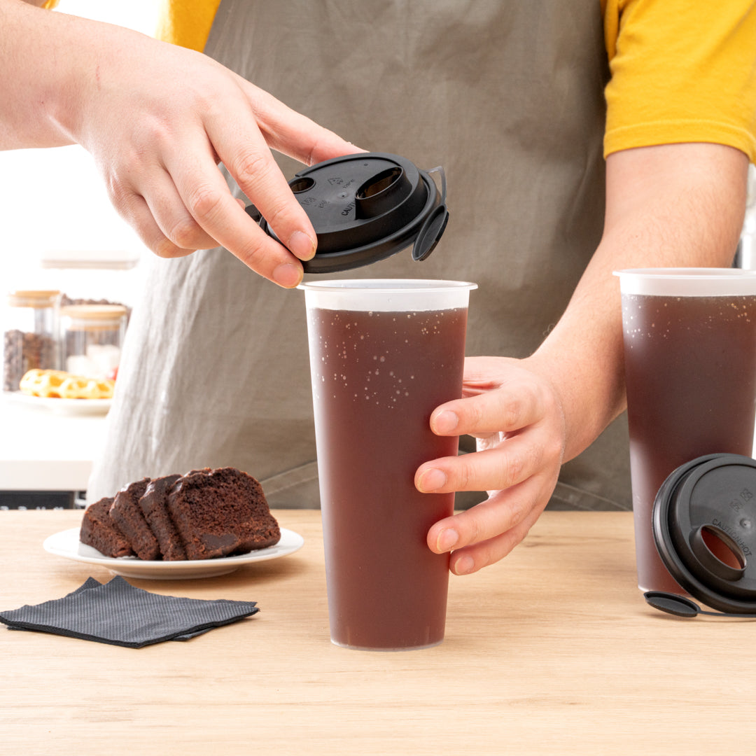 Bev Tek Black Plastic 2-in-1 Straw or Sippy Cup Lid - with Two Plugs, Fits 12, 16 and 24 oz - 25 count box