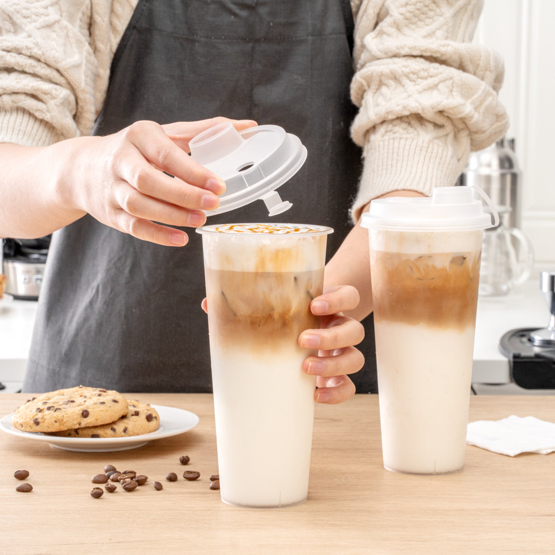 Bev Tek Clear Plastic 2-in-1 Straw or Sippy Cup Lid - with Two Plugs, Fits 12, 16 and 24 oz - 25 count box