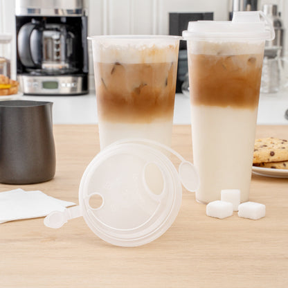 Bev Tek Clear Plastic 2-in-1 Straw or Sippy Cup Lid - with Two Plugs, Fits 12, 16 and 24 oz - 25 count box