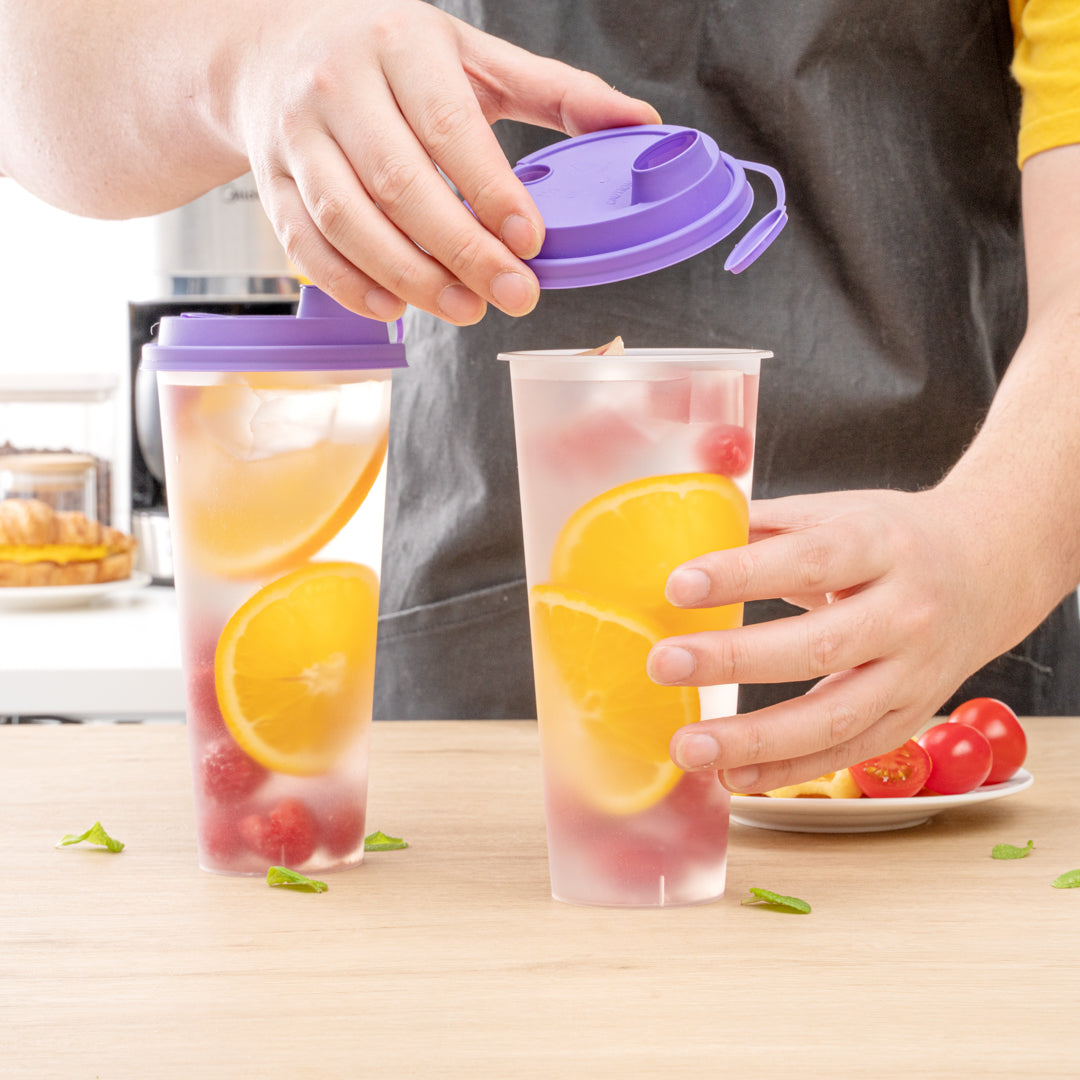 Bev Tek Purple Plastic 2-in-1 Straw or Sippy Cup Lid - with Two Plugs, Fits 12, 16 and 24 oz - 500 count box
