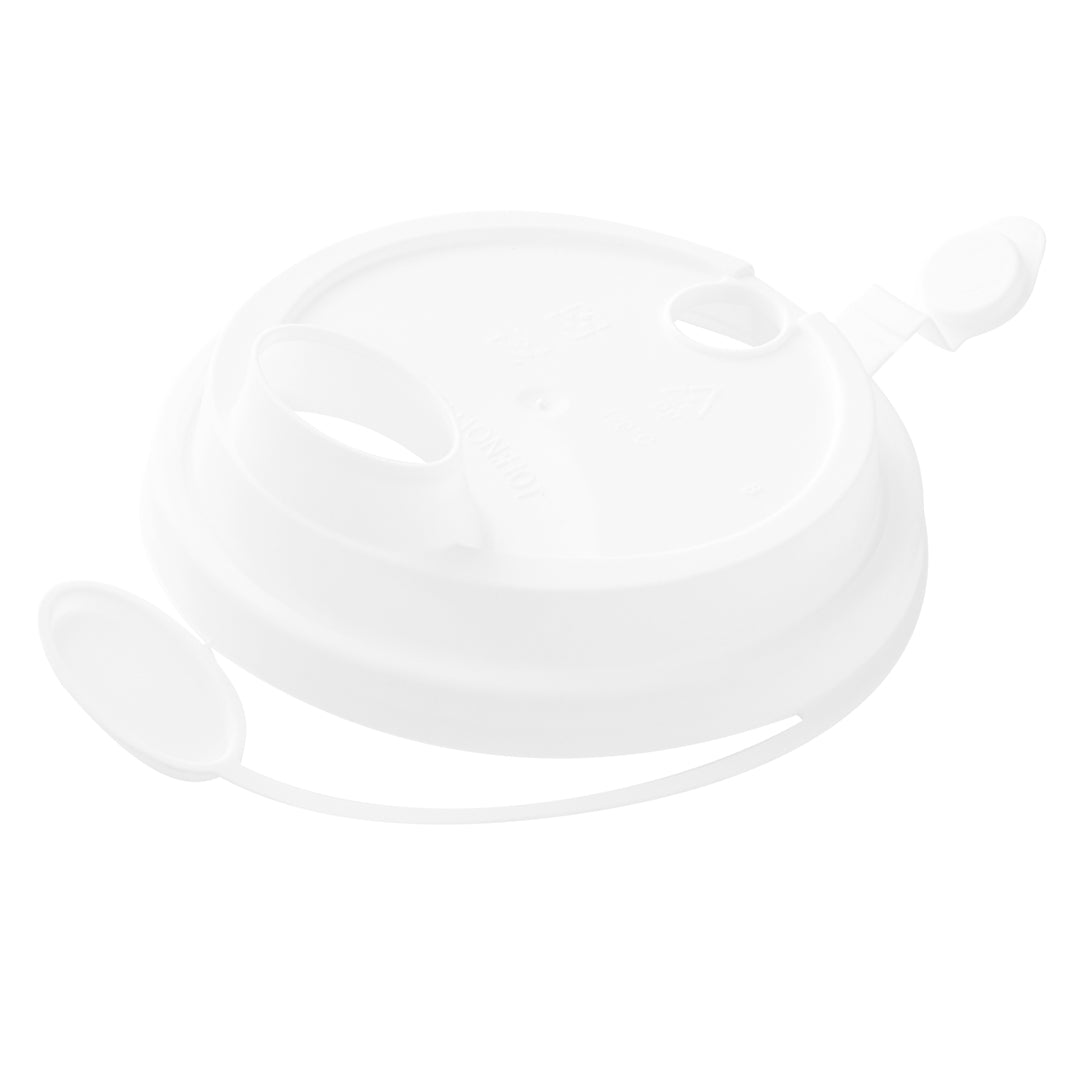 Bev Tek White Plastic 2-in-1 Straw or Sippy Cup Lid - with Two Plugs, Fits 12, 16 and 24 oz - 25 count box