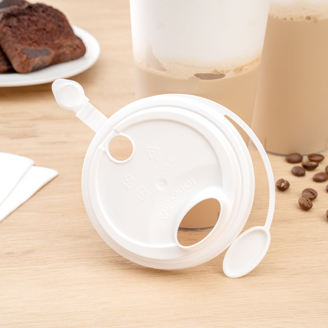 Bev Tek White Plastic 2-in-1 Straw or Sippy Cup Lid - with Two Plugs, Fits 12, 16 and 24 oz - 25 count box