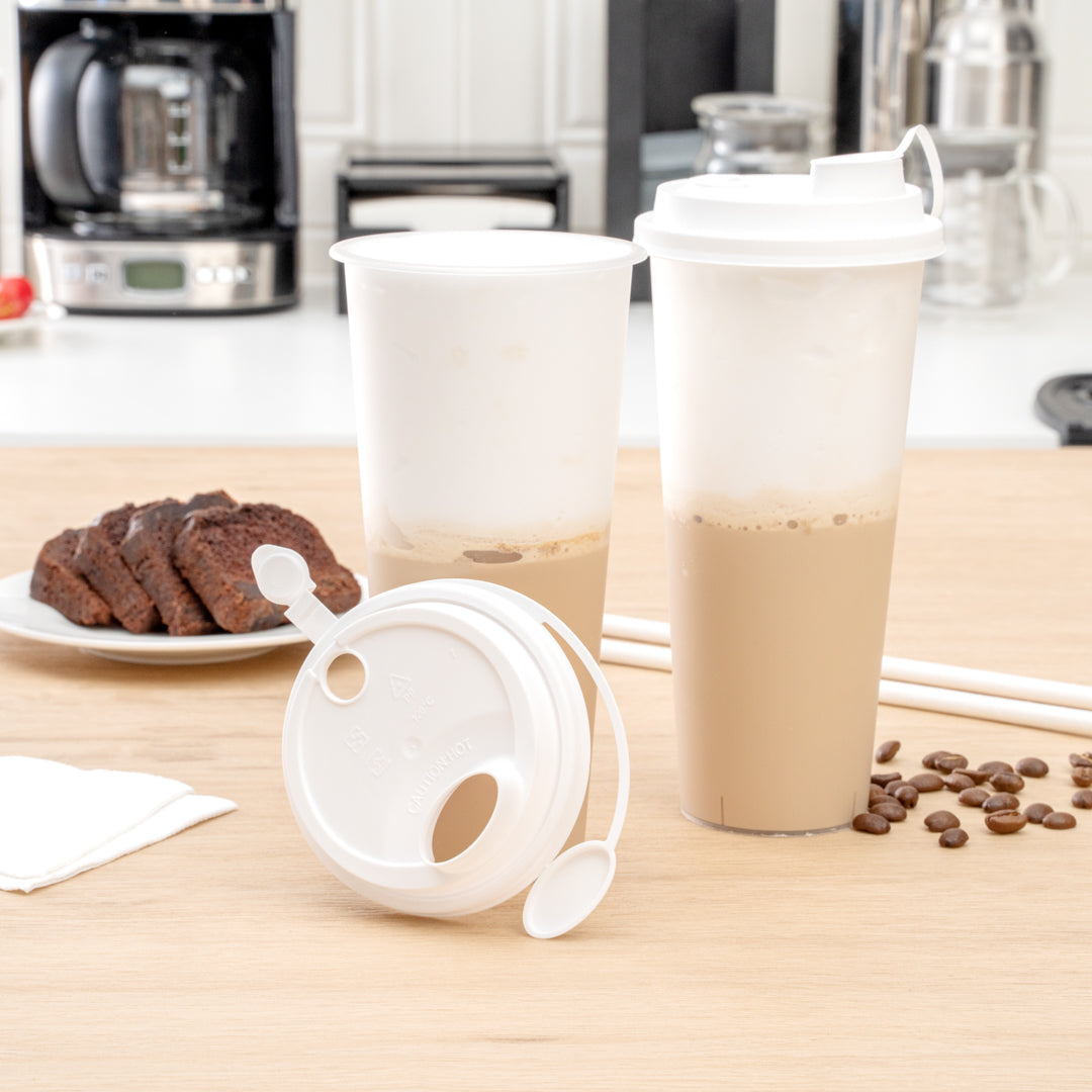 Bev Tek White Plastic 2-in-1 Straw or Sippy Cup Lid - with Two Plugs, Fits 12, 16 and 24 oz - 500 count box