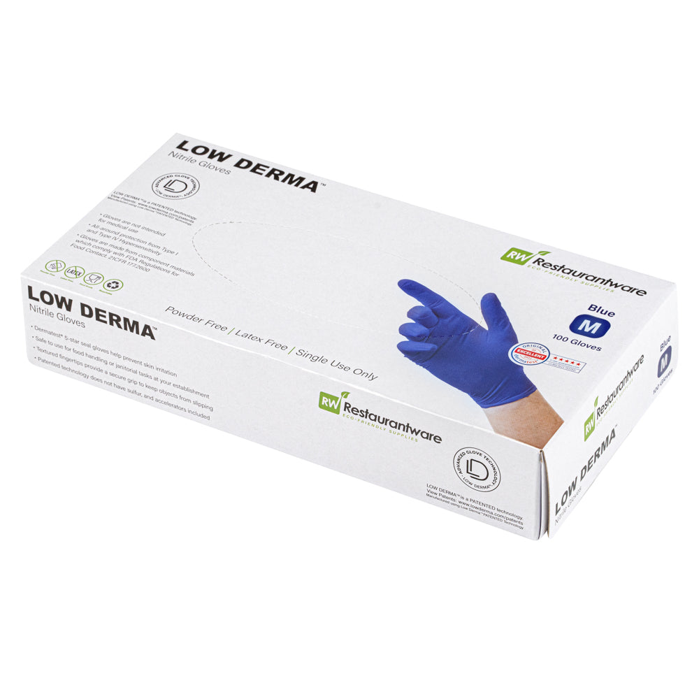 Low Derma Blue Medium Nitrile Gloves - Hypoallergenic, Non-Sterile, Powder-Free - 100 count box