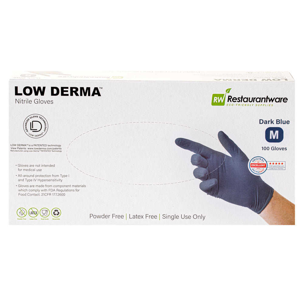 Low Derma Dark Blue Medium Nitrile Gloves - Hypoallergenic, Non-Sterile, Powder-Free - 100 count box