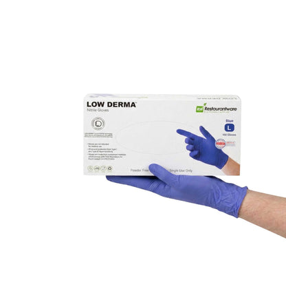 Low Derma Blue Large Nitrile Gloves - Hypoallergenic, Non-Sterile, Powder-Free - 100 count box