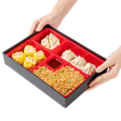 Bento Tek Rectangle Black and Red Small Japanese Style Bento Box - 5 Compartments - 10 3/4" x 8 1/4" x 2 1/4" - 1 count box