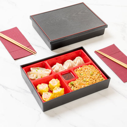 Bento Tek Rectangle Black and Red Small Japanese Style Bento Box - 5 Compartments - 10 3/4" x 8 1/4" x 2 1/4" - 1 count box
