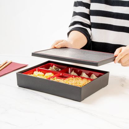 Bento Tek Rectangle Black and Red Small Japanese Style Bento Box - 5 Compartments - 10 3/4" x 8 1/4" x 2 1/4" - 1 count box