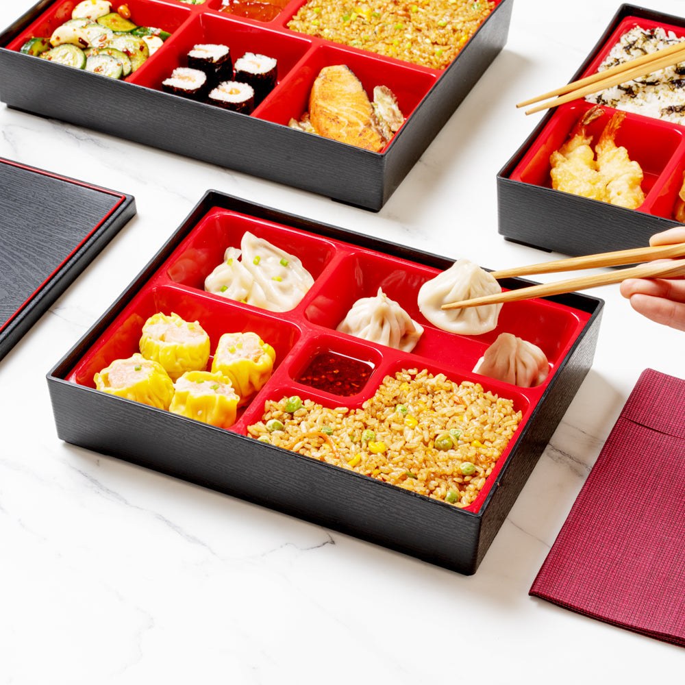 Bento Tek Rectangle Black and Red Small Japanese Style Bento Box - 5 Compartments - 10 3/4" x 8 1/4" x 2 1/4" - 1 count box