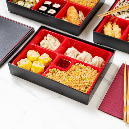 Bento Tek Rectangle Black and Red Small Japanese Style Bento Box - 5 Compartments - 10 3/4" x 8 1/4" x 2 1/4" - 1 count box