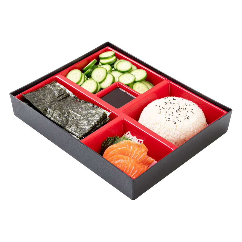 Bento Tek Rectangle Black and Red Large Japanese Style Bento Box - 5 Compartments - 12 1/4" x 9 3/4" x 2 1/4" - 1 count box