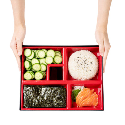 Bento Tek Rectangle Black and Red Large Japanese Style Bento Box - 5 Compartments - 12 1/4" x 9 3/4" x 2 1/4" - 1 count box