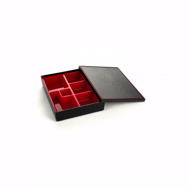 Bento Tek Rectangle Black and Red Large Japanese Style Bento Box - 5 Compartments - 12 1/4" x 9 3/4" x 2 1/4" - 1 count box