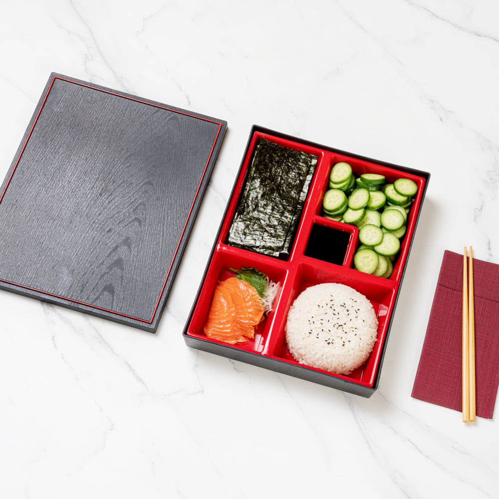 Bento Tek Rectangle Black and Red Large Japanese Style Bento Box - 5 Compartments - 12 1/4" x 9 3/4" x 2 1/4" - 1 count box