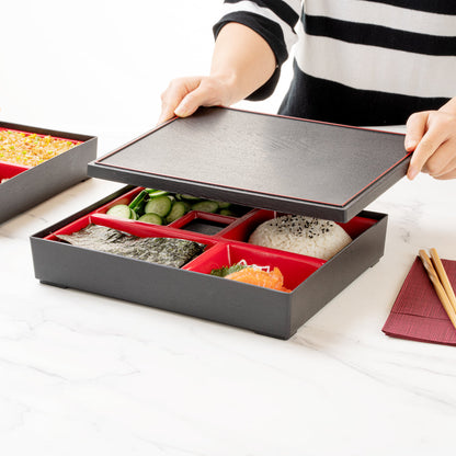 Bento Tek Rectangle Black and Red Large Japanese Style Bento Box - 5 Compartments - 12 1/4" x 9 3/4" x 2 1/4" - 1 count box
