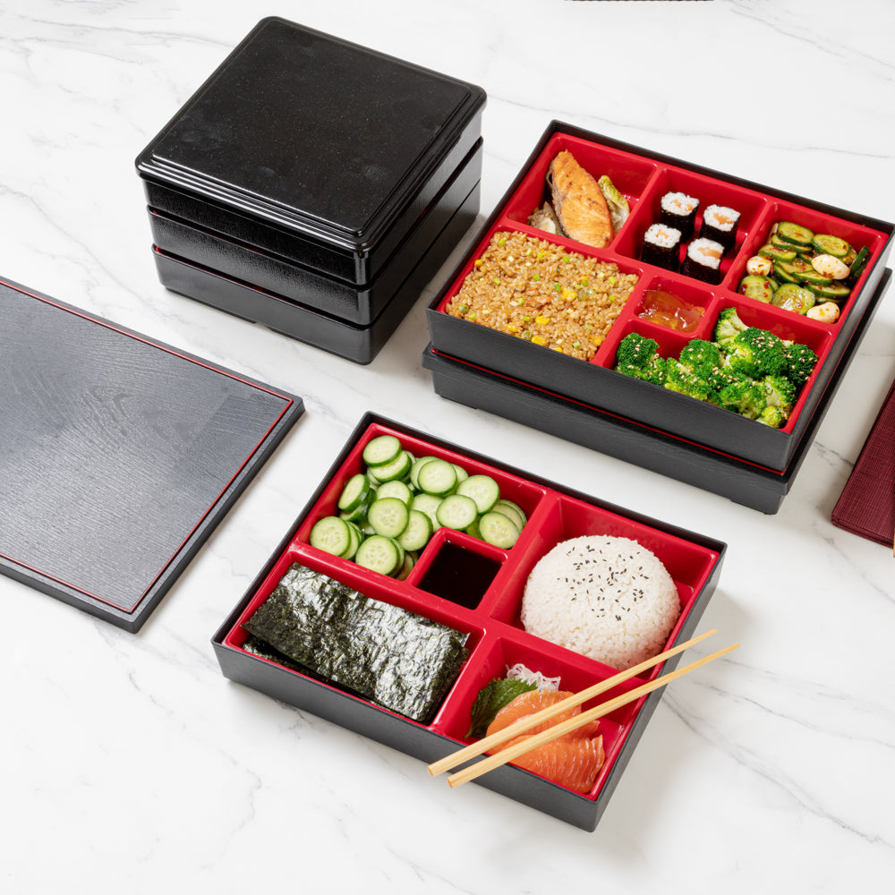 Bento Tek Rectangle Black and Red Large Japanese Style Bento Box - 5 Compartments - 12 1/4" x 9 3/4" x 2 1/4" - 1 count box