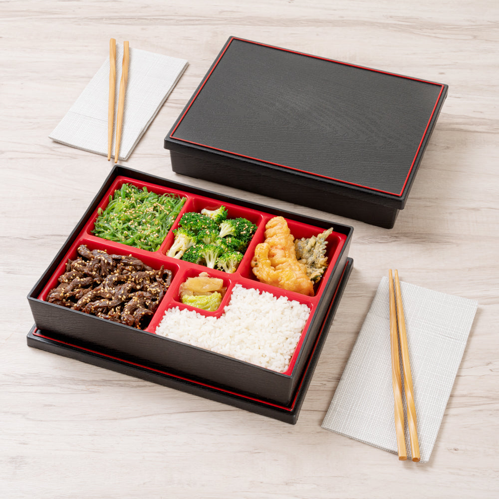 Bento Tek Rectangle Black and Red Small Japanese Style Bento Box - 6 Compartments - 10 3/4" x 8 1/4" x 2 1/4" - 1 count box