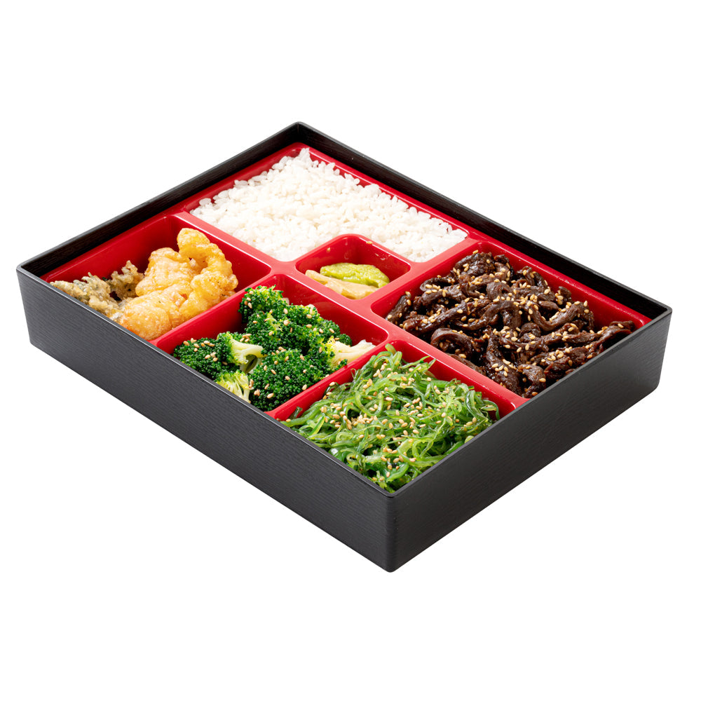 Bento Tek Rectangle Black and Red Small Japanese Style Bento Box - 6 Compartments - 10 3/4" x 8 1/4" x 2 1/4" - 1 count box