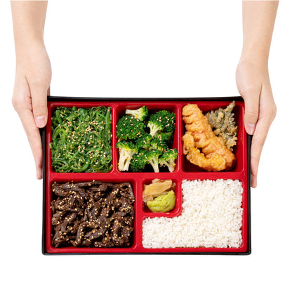 Bento Tek Rectangle Black and Red Small Japanese Style Bento Box - 6 Compartments - 10 3/4" x 8 1/4" x 2 1/4" - 1 count box
