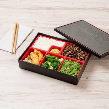 Bento Tek Rectangle Black and Red Small Japanese Style Bento Box - 6 Compartments - 10 3/4" x 8 1/4" x 2 1/4" - 1 count box