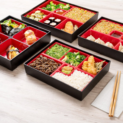 Bento Tek Rectangle Black and Red Small Japanese Style Bento Box - 6 Compartments - 10 3/4" x 8 1/4" x 2 1/4" - 1 count box