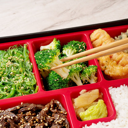 Bento Tek Rectangle Black and Red Small Japanese Style Bento Box - 6 Compartments - 10 3/4" x 8 1/4" x 2 1/4" - 1 count box